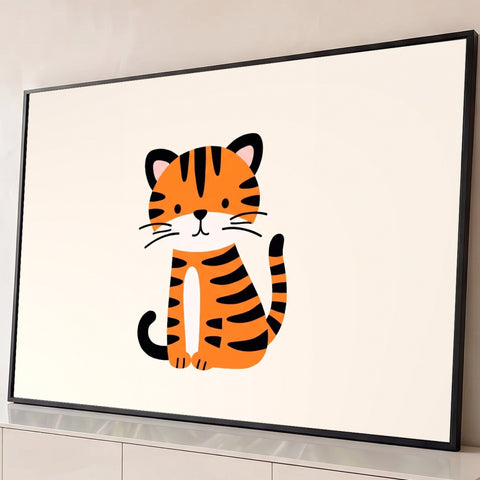 Ilustração de tigrinho fofo sentado, laranja com listras pretas, sobre fundo bege, quadro decorativo