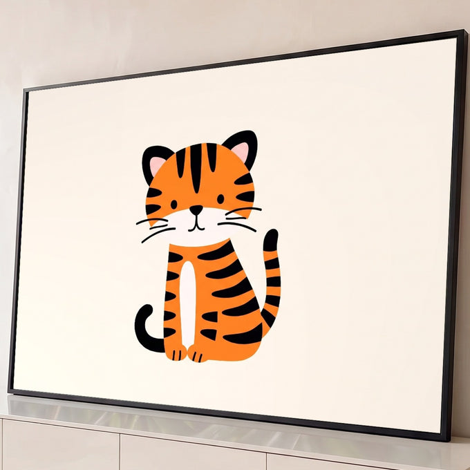 Quadro Decorativo Grande Tigrinho para Quarto de Bebê | quadros decorativos para sala | filhote de tigre cartoon sentado com listras laranja e pretas sobre fundo bege | Porao dos Quadros