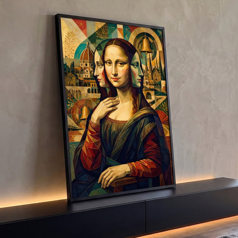 Quadro Decorativo Grande Mona Lisa Cubista para Sala Dourado | quadros decorativos para sala | releitura cubista da Mona Lisa com mosaico dourado e torres góticas ao fundo | Porao dos Quadros