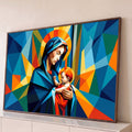 Virgem Maria com Menino Jesus no colo em arte geométrica cubista azul, laranja e dourada, quadro decorativo
