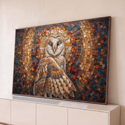 Coruja suindara de olhos fechados em mosaico de pastilhas marrom, dourado e azul, quadro decorativo