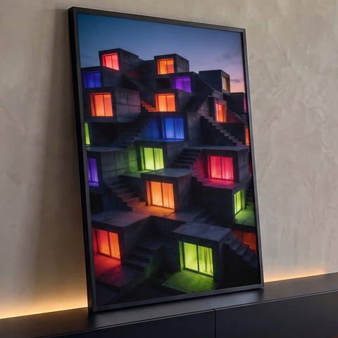 Prédio brutalista de concreto com janelas neon laranja, verde, azul e roxo ao anoitecer, quadro decorativo