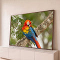 Arara-vermelha ajeitando as penas num tronco com folhagem verde desfocada ao fundo, quadro decorativo