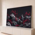 Quadro Decorativo Grande Flores Vermelhas Preto para Sala | quadros decorativos para sala | flores vermelhas espinhosas crescendo entre rochas cinzas sobre fundo preto | Porao dos Quadros