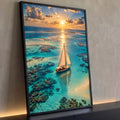 Veleiro em águas turquesa com recifes de coral e pôr do sol dourado, vista aérea, quadro decorativo