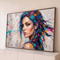 Quadro Decorativo Grande Retrato Feminino para Sala Azul | quadros decorativos para sala | retrato de mulher com cabelo colorido em pintura a óleo texturizada | Porao dos Quadros
