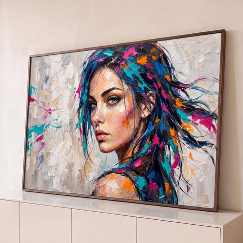 Retrato de mulher com cabelo azul, rosa e laranja em óleo com espátula sobre fundo claro, quadro decorativo