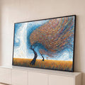 Quadro Decorativo Grande Árvores ao Vento para Sala Laranja | quadros decorativos para sala | árvores estilizadas em linhas coloridas sobre campo de trigo dourado e céu azul em espiral | Porao dos Quadros