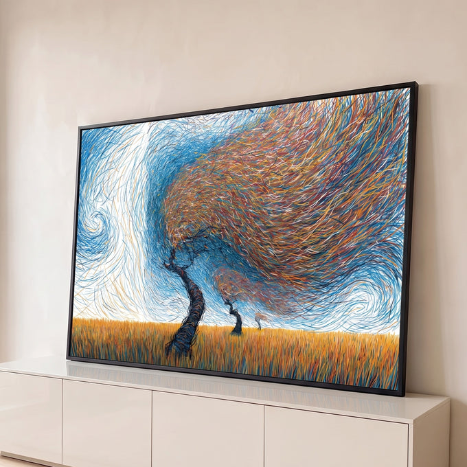 Quadro Decorativo Grande Árvores ao Vento para Sala Laranja | quadros decorativos para sala | árvores estilizadas em linhas coloridas sobre campo de trigo dourado e céu azul em espiral | Porao dos Quadros