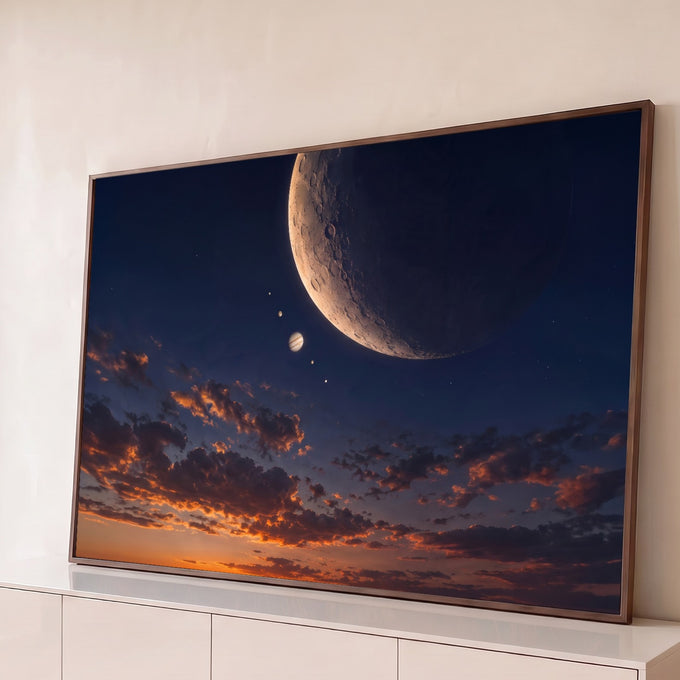 Quadro Decorativo Grande Lua Gigante para Sala Azul | quadros decorativos para sala | lua crescente gigante e planeta com luas sobre céu de pôr do sol alaranjado | Porao dos Quadros