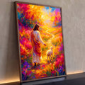 Quadro Decorativo Grande Jesus Caminhando Amarelo para Sala | quadros decorativos para sala | Jesus caminhando com cordeiro branco por caminho florido em tons vibrantes | Porao dos Quadros