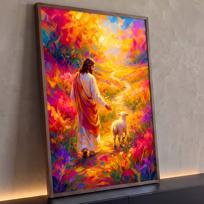 Quadro Decorativo Grande Jesus Caminhando Amarelo para Sala | quadros decorativos para sala | Jesus caminhando com cordeiro branco por caminho florido em tons vibrantes | Porao dos Quadros