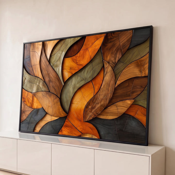 Quadro Decorativo Grande Folhas Entrelaçadas para Sala | quadros decorativos para sala | formas de folhas em madeira entrelaçadas em laranja, verde e marrom em espiral | Porao dos Quadros