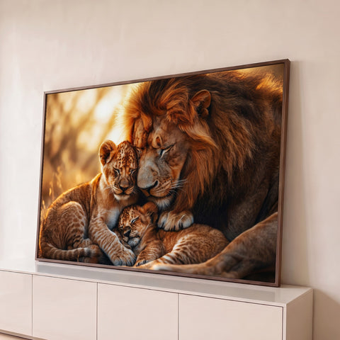 Leão abraçando dois filhotes de olhos fechados sob luz dourada do entardecer, quadro decorativo