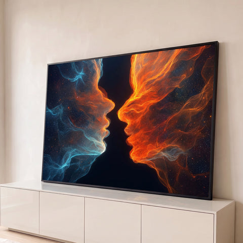 Dois perfis de rosto, um azul gelo e outro laranja fogo, prestes a se beijar no cosmos, quadro decorativo