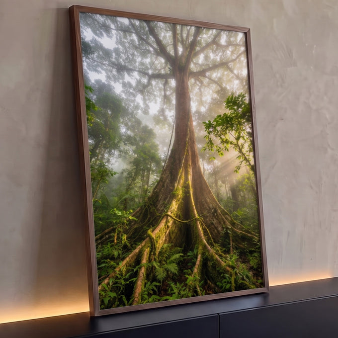 Quadro Decorativo Grande Árvore da Vida para Sala Verde | quadros decorativos para sala | árvore gigante com raízes tabulares cobertas de musgo em floresta com neblina e raios de sol | Porao dos Quadros