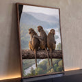 Quadro Decorativo Grande Três Macacos para Sala Marrom | quadros decorativos para sala | três macacos sentados num galho com paisagem de rio e colinas ao fundo | Porao dos Quadros