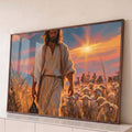 Quadro Decorativo Jesus Bom Pastor Caminhando entre o Trigo | quadros decorativos para sala | Jesus caminha por campo de trigo dourado seguido de ovelhas ao pôr do sol | Porao dos Quadros