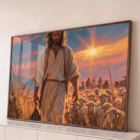 Quadro Decorativo Jesus Bom Pastor Caminhando entre o Trigo | quadros decorativos para sala | Jesus caminha por campo de trigo dourado seguido de ovelhas ao pôr do sol | Porao dos Quadros