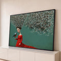 Quadro Decorativo Grande Mulher para Sala Vermelho | quadros decorativos para sala | mulher de vestido vermelho com cabelo de dente-de-leão segurando um pássaro colorido | Porao dos Quadros
