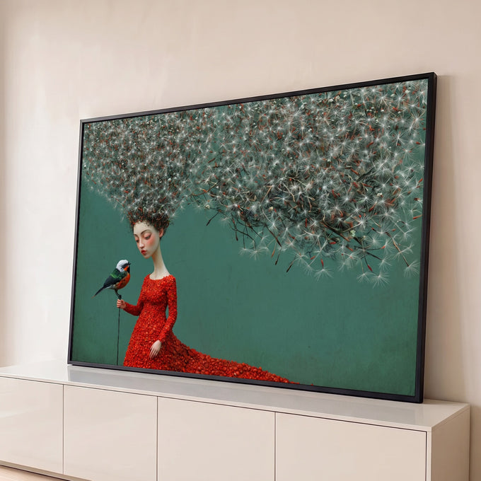 Quadro Decorativo Grande Mulher para Sala Vermelho | quadros decorativos para sala | mulher de vestido vermelho com cabelo de dente-de-leão segurando um pássaro colorido | Porao dos Quadros