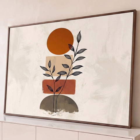 Ramos de folhas em traço fino sobre círculo e retângulos terracota, bege e oliva, fundo creme, quadro decorativo