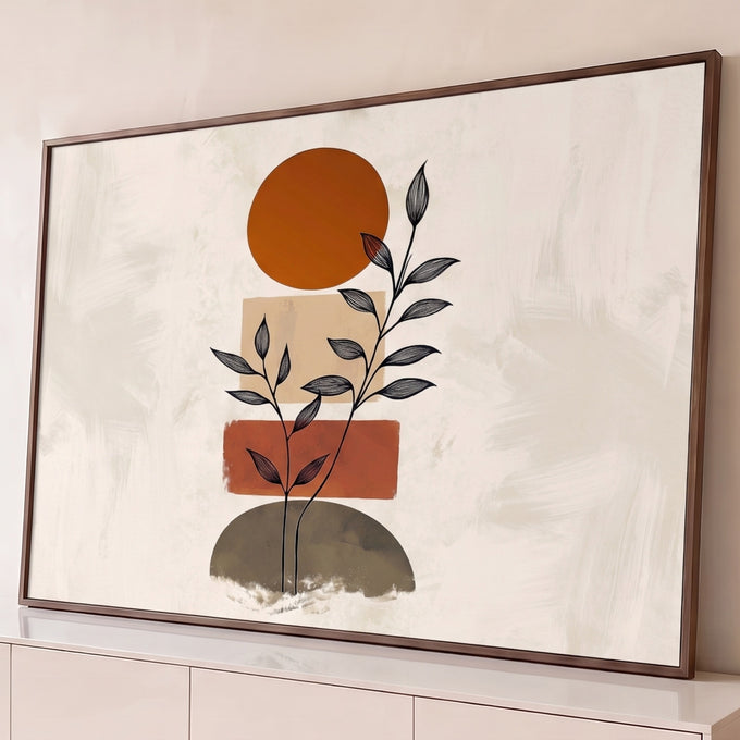 Quadro Decorativo Grande Formas Geométricas para Sala | quadros decorativos para sala | formas geométricas em terracota e bege com ramos desenhados em traço fino preto | Porao dos Quadros