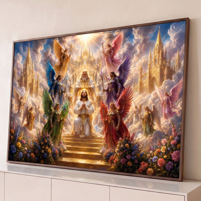 Quadro Decorativo Grande Jesus Coroado Dourado para Sala | quadros decorativos para sala | Jesus ajoelhado sendo coroado por Deus, cercado de anjos coloridos em céu dourado | Porao dos Quadros