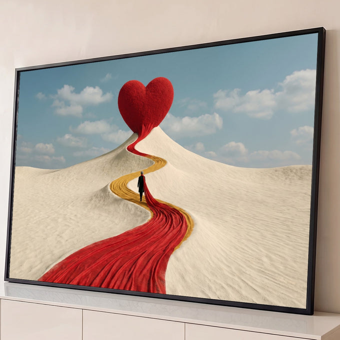 Coração vermelho gigante no alto de duna branca com caminho de tecido e figura solitária, quadro decorativo