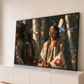 Quadro Decorativo Casal Indígena entre Bétulas em Tons | quadros decorativos para sala | casal indígena em pintura realista com penas e floresta de bétulas ao fundo | Porao dos Quadros