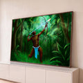 Oxóssi ajoelhado disparando flecha brilhante com arco na floresta verde, orixá da mata, quadro decorativo