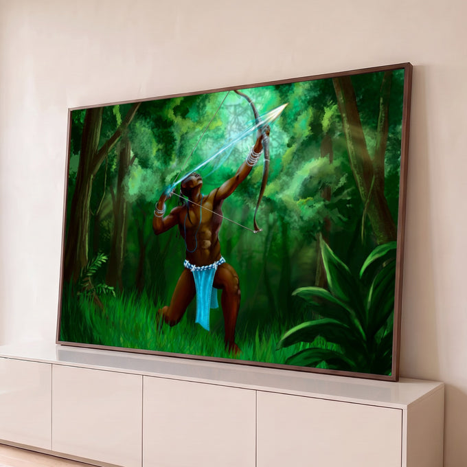 Oxóssi ajoelhado disparando flecha brilhante com arco na floresta verde, orixá da mata, quadro decorativo