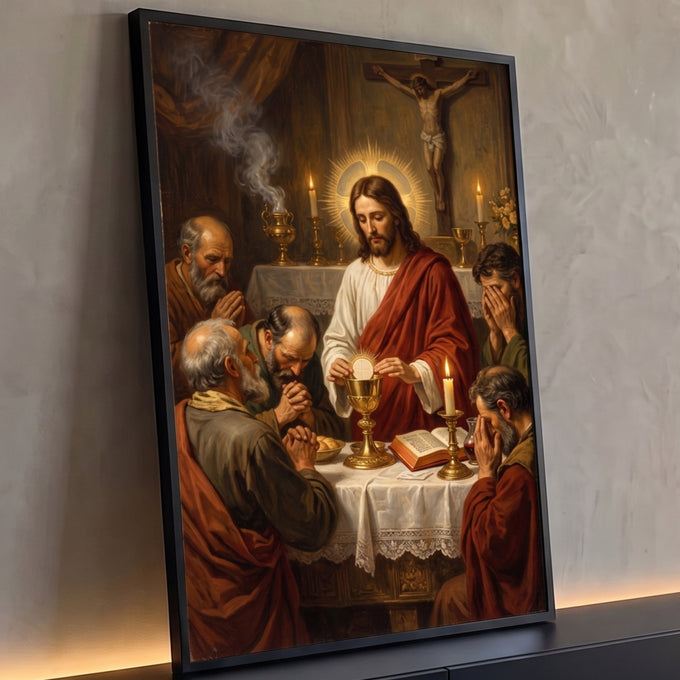 Quadro Decorativo Grande Jesus Consagrando para Sala Dourado | quadros decorativos para sala | Jesus consagrando hóstia sobre cálice dourado cercado por apóstolos em oração | Porao dos Quadros