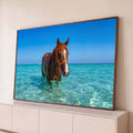 Cavalo alazão de cabresto laranja dentro do mar turquesa cristalino sob céu azul, quadro decorativo