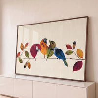 Quadro Decorativo Grande Pássaros em Colagem para Sala Bege - Borda Infinita / 65x100cm
