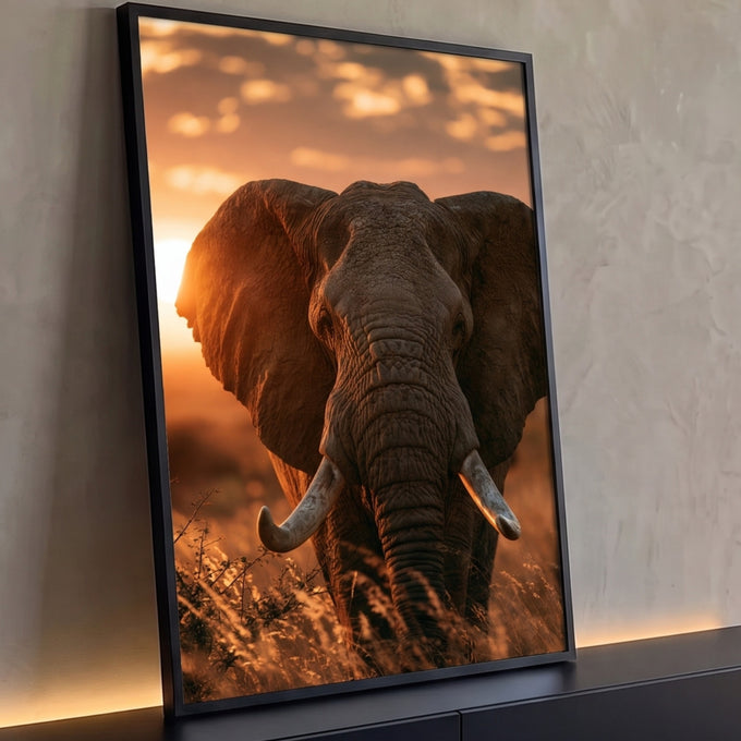 Quadro Decorativo Elefante Africano ao Pôr do Sol Dourado | quadros decorativos para sala | elefante africano de frente com presas em close, luz dourada do pôr do sol ao fundo | Porao dos Quadros