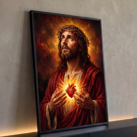 Jesus com coroa de espinhos segurando o Sagrado Coração em chamas, manto vermelho, quadro decorativo