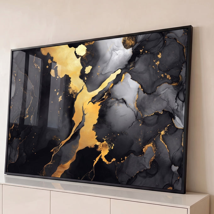 Quadro Decorativo Grande Mármore Líquido Dourado para Sala | quadros decorativos para sala | arte abstrata com efeito mármore em preto, dourado e prata fluindo na tela | Porao dos Quadros