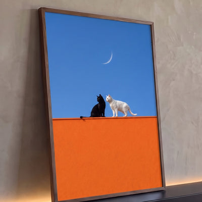 Quadro Decorativo Grande Gato Preto e Gato para Sala Laranja