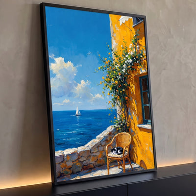Quadro Decorativo Gato Dormindo em Terraço à Beira Mar