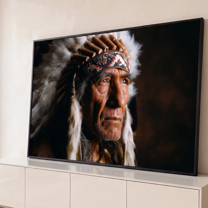 Quadro Decorativo Grande Retrato de Chefe Marrom para Sala | quadros decorativos para sala | retrato de homem idoso indígena com cocar de penas brancas e faixa de contas | Porao dos Quadros