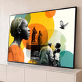 Quadro Decorativo Grande Colagem Fotográfica para Sala | quadros decorativos para sala | colagem fotográfica em preto e branco com retrato de mulher e círculos coloridos sobrepostos | Porao dos Quadros