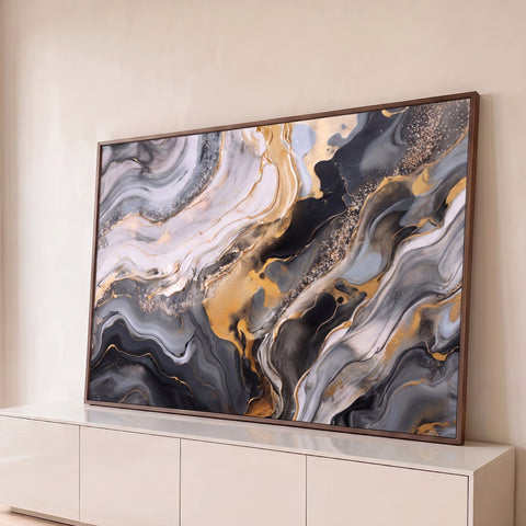 Abstrato de mármore líquido em cinza, preto e branco com veios dourados e glitter, quadro decorativo
