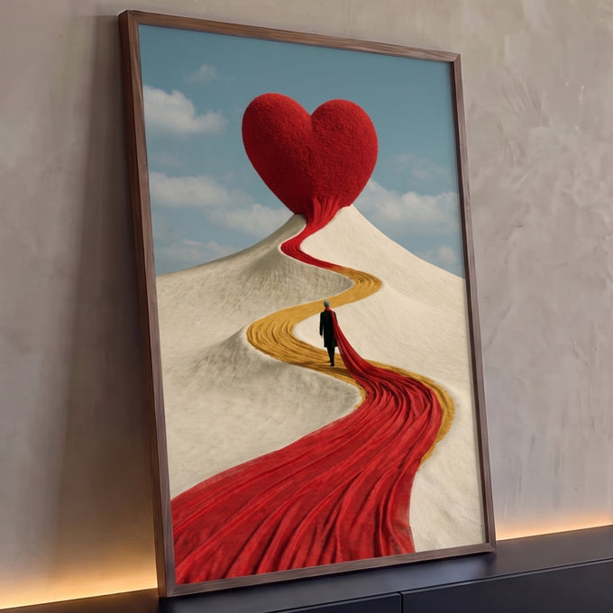Coração vermelho gigante no topo de duna branca com caminho de tecido e figura caminhando, quadro decorativo
