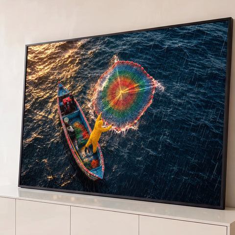 Vista aérea de pescador de capa amarela lançando rede colorida de barco no mar azul, quadro decorativo
