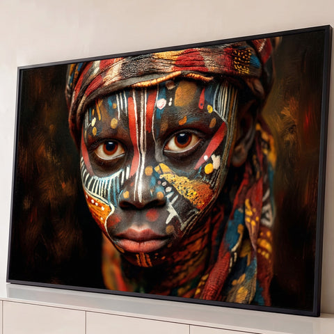 Criança africana com pintura facial tribal colorida e turbante estampado em fundo marrom, quadro decorativo
