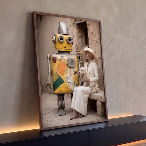 Robô amarelo retrô ao lado de mulher de branco com chapéu e cachorro em beco rústico, quadro decorativo