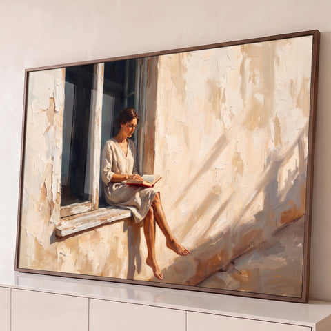 Mulher lendo livro vermelho sentada na janela sob luz do sol, pintura a óleo bege, quadro decorativo