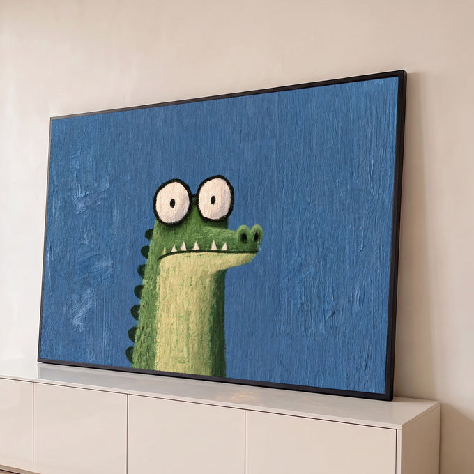 Quadro Decorativo Grande Crocodilo para Quarto de Bebê | quadros decorativos para sala | crocodilo verde de óculos com olhos grandes e boca aberta sobre fundo azul | Porao dos Quadros