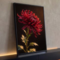 Crisântemo vermelho com gotas de orvalho em luz dourada sobre fundo escuro, quadro decorativo